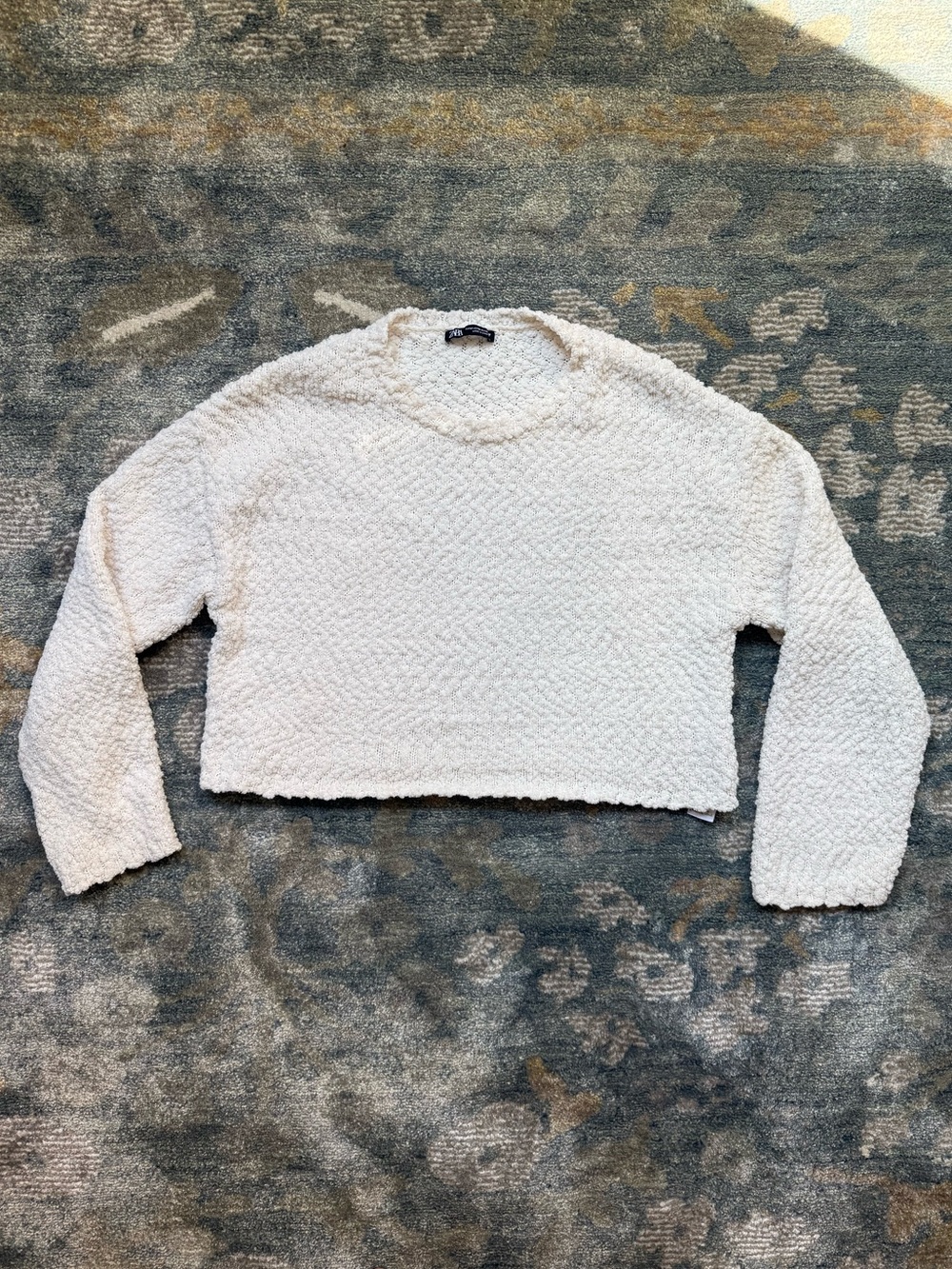 Zara Cream Textured Cropped Crew Sweater